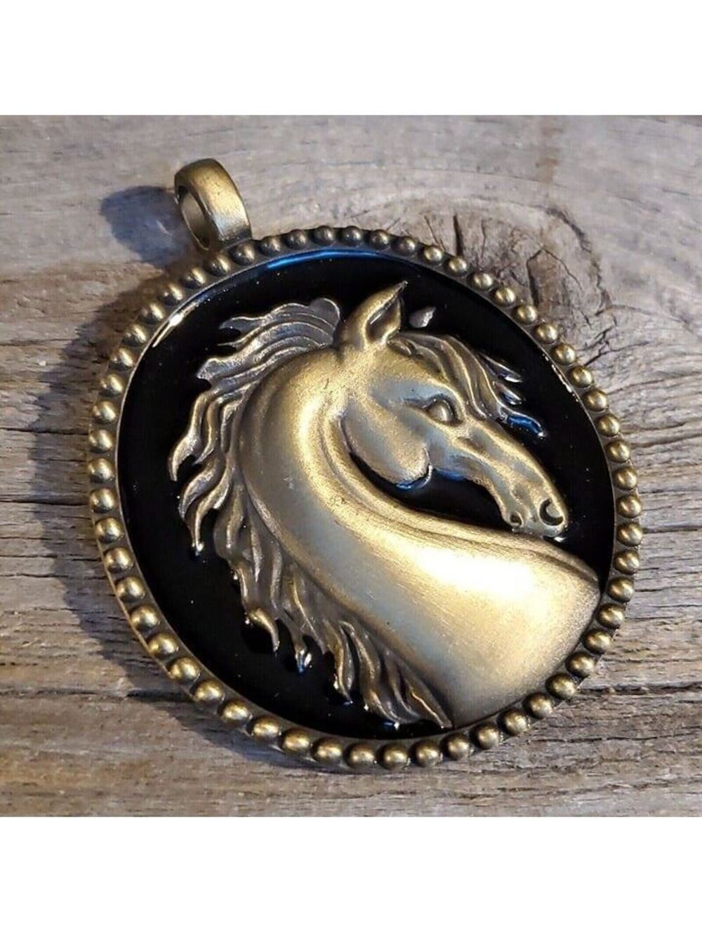 Y2K Wild Horse Long Mane Brushed Bronze Black Enamel 67mm Oval Statement Pendant